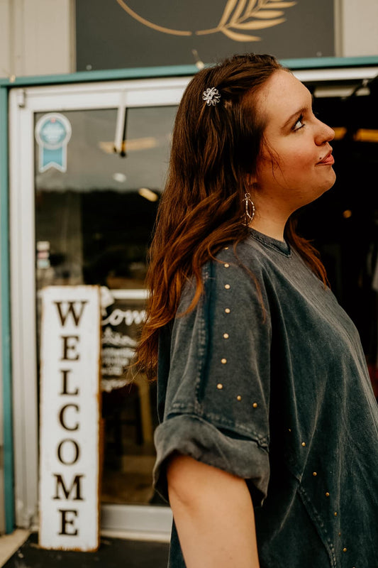 Embellished Dark Navy Mineral Wash Tunic