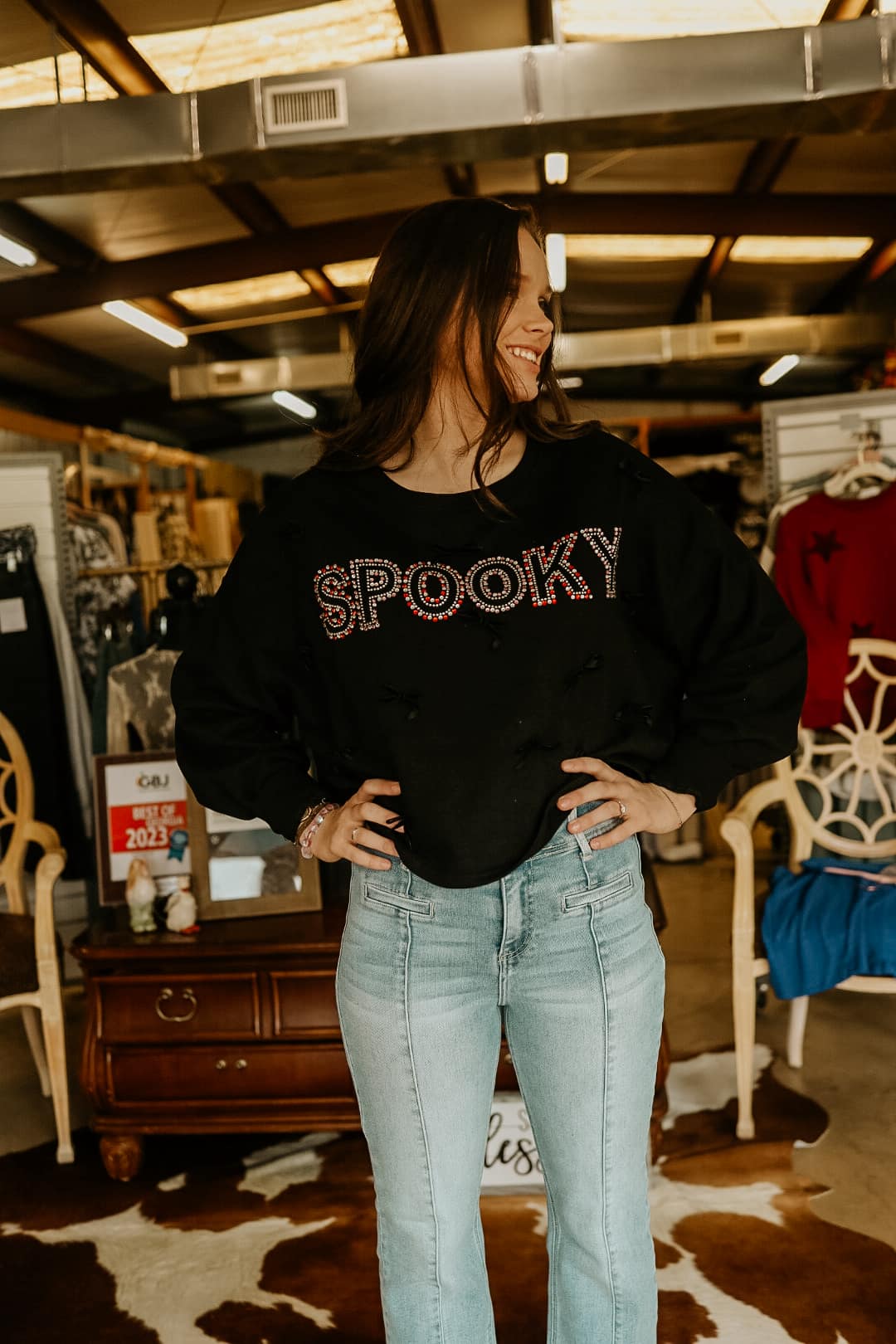 Hauntingly Stylish: Studded Black Cropped SPOOKY Sweatshirt